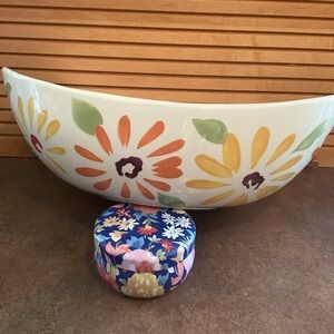 Pier 1 "Flowers" Earthenware Hand‎ Painted Large Serving Bowl
